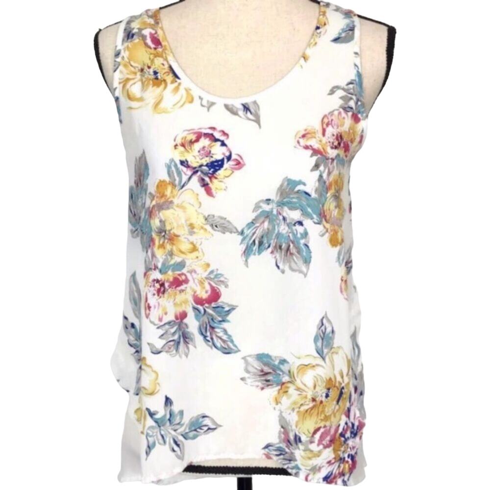 ELODIE Floral Tank Top Print Sheer Split Layered Hi-Lo Hem Sleeveless Womens MED